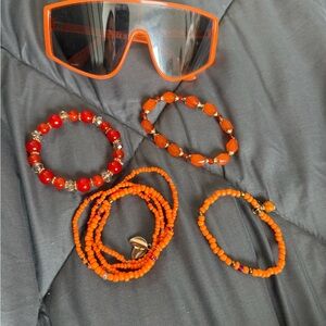 Orange and Red Beaded Jewelry Set with Sunglasses
